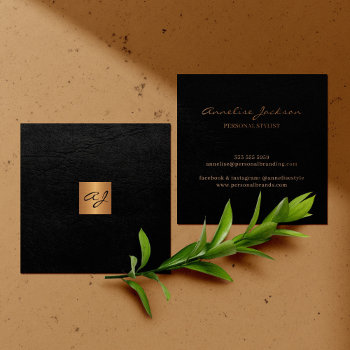Luxury Elegant Black Leather Copper Gold Monogram Square Business Card by uniqueoffice at Zazzle