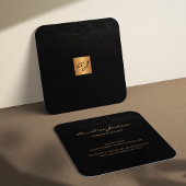 Luxury elegant black leather copper gold monogram square business card