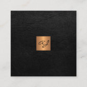Luxury elegant black leather copper gold monogram square business card (Front)