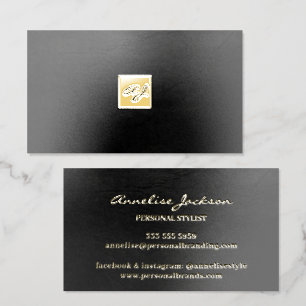 Luxury elegant black leather gold metallic foil business cards