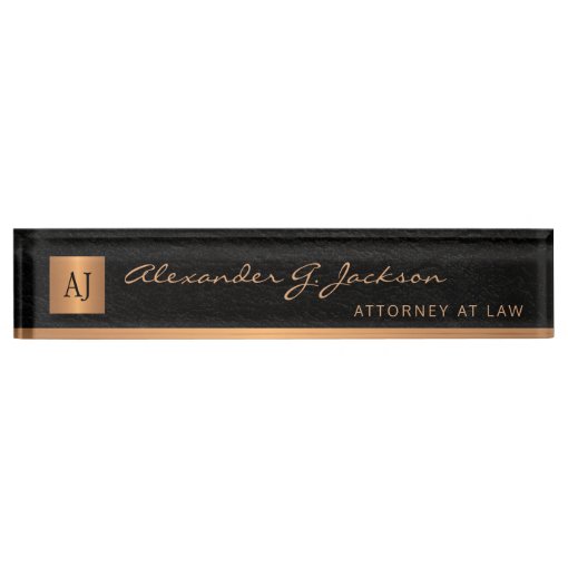 Luxury elegant black leather gold monogram lawyer desk name plate Zazzle