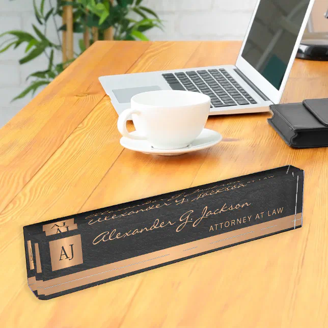 Luxury elegant black leather gold monogram lawyer desk name plate Zazzle