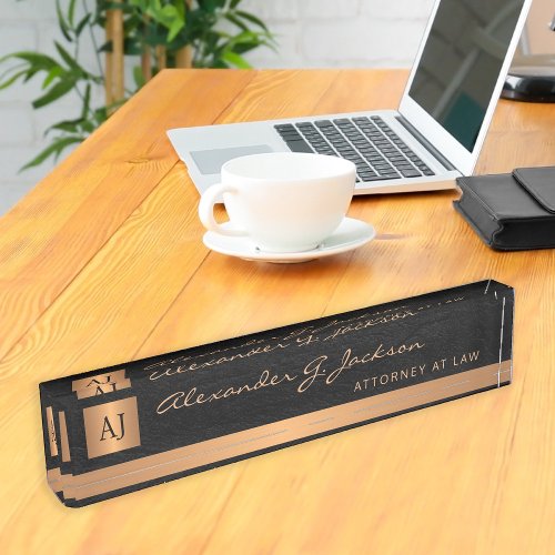 Luxury elegant black leather gold monogram lawyer desk name plate