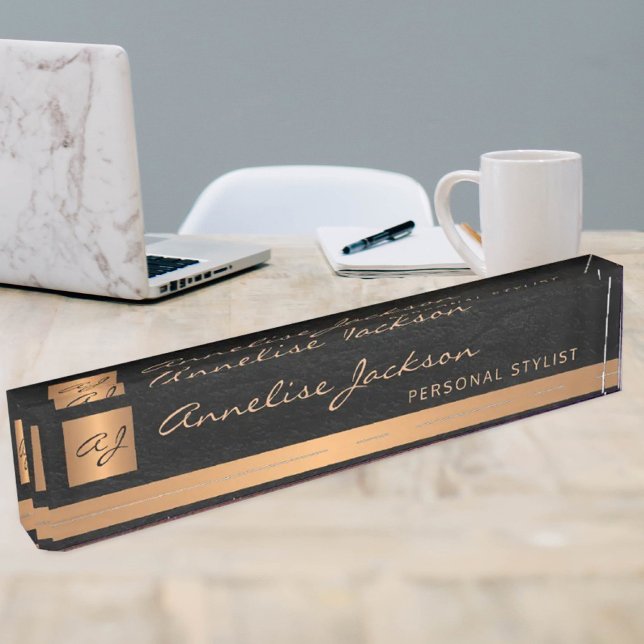 Luxury elegant black leather gold monogrammed desk name plate (Creator Uploaded)