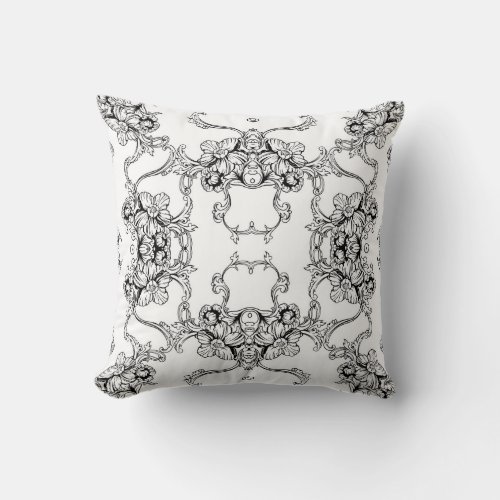 Luxury Elegant Black White Europe Floral Ornament Throw Pillow