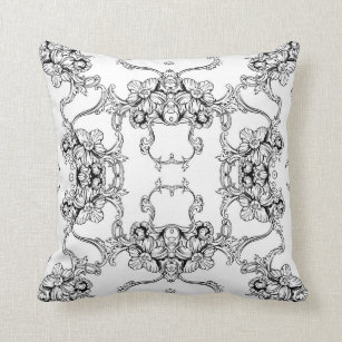 Luxury Elegant Black White Europe Floral Ornament Throw Pillow