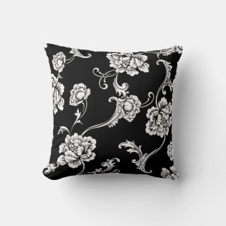 Luxury Elegant Black White Europe Floral Ornament Throw Pillow