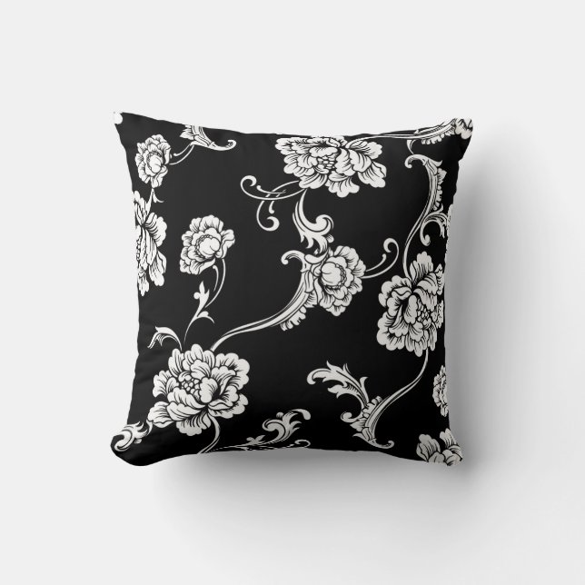 Luxury Elegant Black White Europe Floral Ornament Throw Pillow (Front)