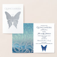 Luxury Elegant Blue Butterfly Silver Quinceanera Foil Card