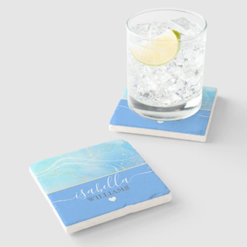 Luxury Elegant Blue  Gold Geode Monogram Marble Stone Coaster