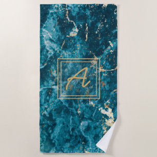 Luxury Elegant Blue Gold Marble Effect Monogram Beach Towel