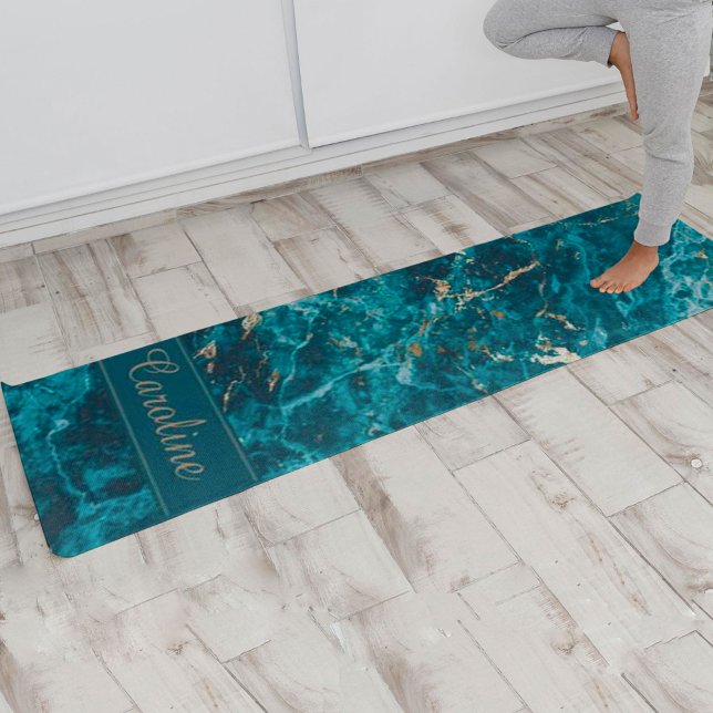 Luxury Elegant Blue Gold Marble Effect Name  Yoga Mat (Creator Uploaded)