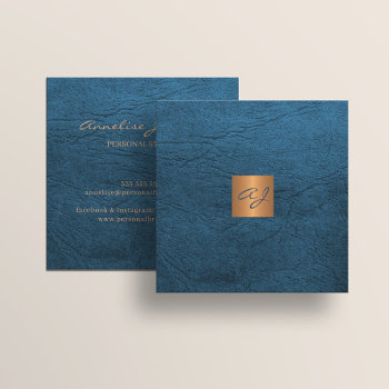 Luxury Elegant Blue Leather Copper Gold Monogram Square Business Card by uniqueoffice at Zazzle