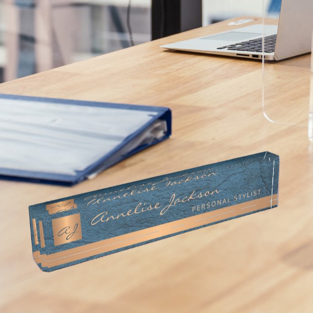 Luxury elegant blue leather gold monogrammed desk name plate (Creator Uploaded)