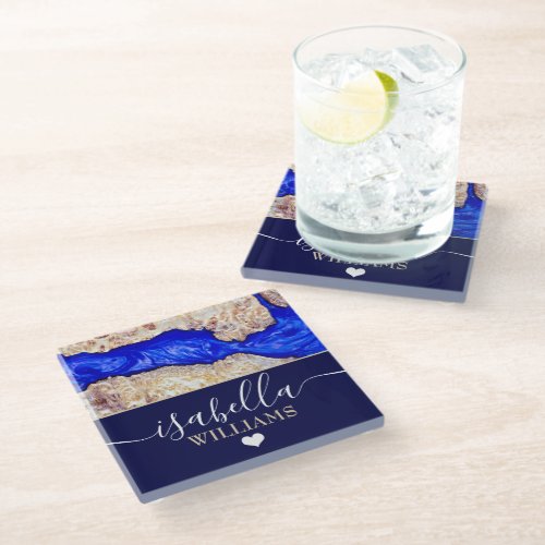 Luxury Elegant Blue Rustic Wood Epoxy Resin Glass Coaster