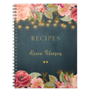 Luxury elegant blush navy gold floral recipe book