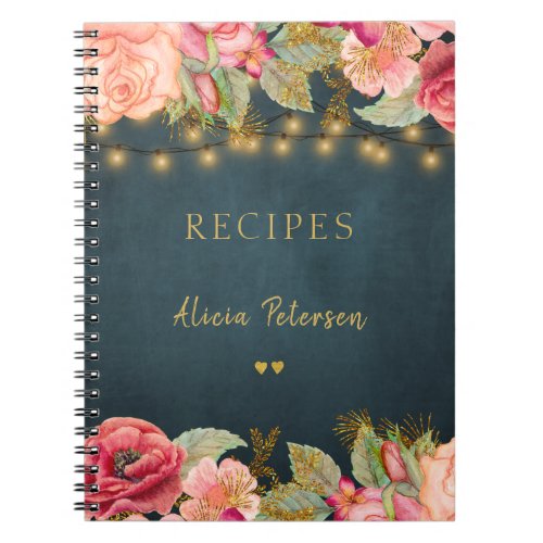 Luxury elegant blush navy gold floral recipe book