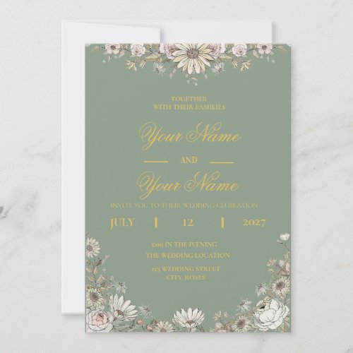 Luxury Elegant Boho Minimalist Sage Green Gold Invitation