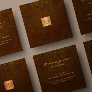 Luxury Elegant Brown Leather Copper Gold Monogram Square Business Card by uniqueoffice at Zazzle