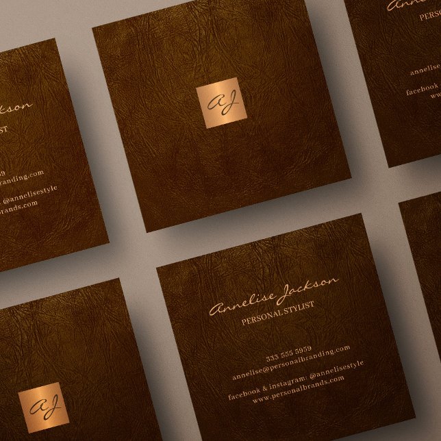 Luxury elegant brown leather copper gold monogram square business card (Creator Uploaded)