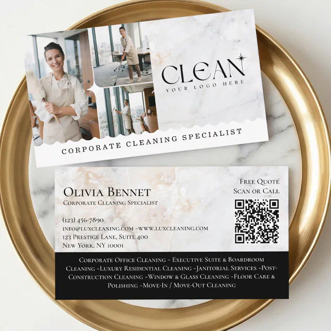Luxury Elegant Commercial Cleaning Photo QR Code Business Card | Zazzle