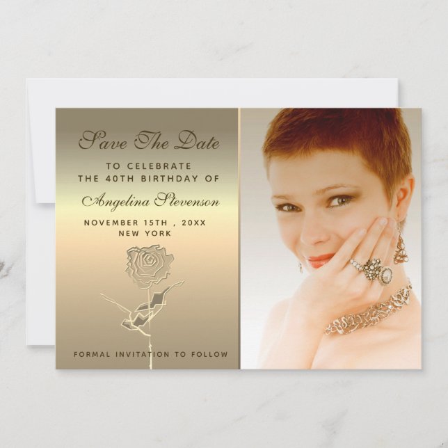 Luxury Elegant Floral Gold Rose Flower Birthday Save The Date (Front)