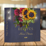 Luxury elegant floral rustic lights navy recipes<br><div class="desc">Rustic sunflowers and roses big bouquets, two golden hearts and elegant faux gold typography script on a dark midnight navy blue chalkboard background with strings of twinkle white lights making a beautiful personalized recipe binder keepsake. It can be a beautiful present for a bride, for your own kitchen or a...</div>