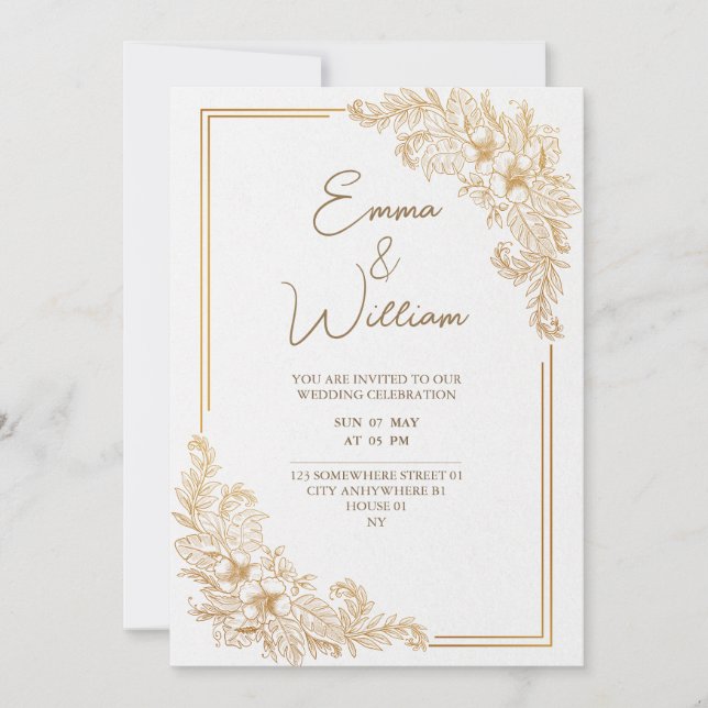 luxury elegant flowers gold wedding card  (Front)