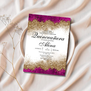 Luxury Elegant Fuchsia Hot Pink & Gold Quinceañera Invitation