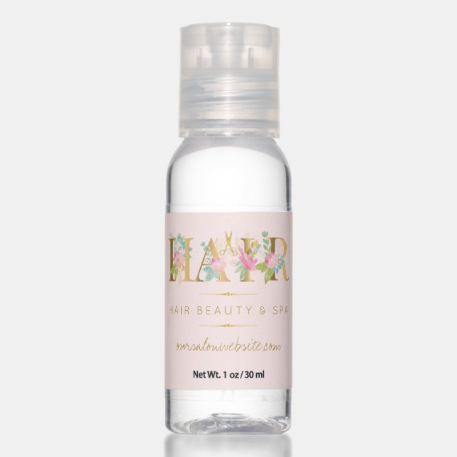 Luxury elegant glam hair salon logo pink gold hand sanitizer (Front)