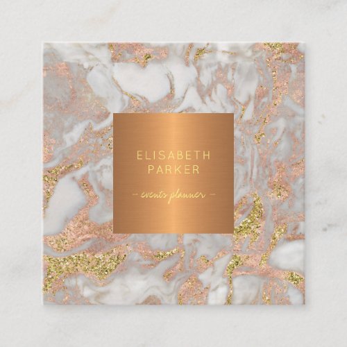 Luxury elegant glam rose gold marble monogrammed square business card