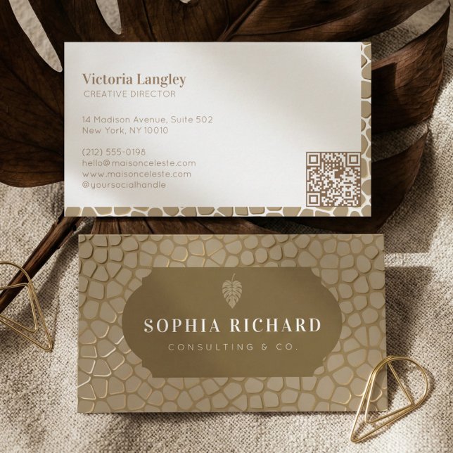 Luxury Elegant Gold Alligator Print QR Code  Business Card (Luxury Elegant Gold Alligator Print QR Code Business Card)
