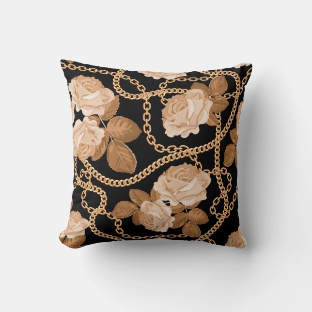 Luxury Elegant Gold Chain Plaid Gold Black Roses Throw Pillow (Front)