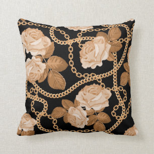 Luxury Elegant Gold Chain Plaid Gold Black Roses Throw Pillow