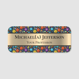 Luxury Elegant Gold & Colorful Chic Floral Pattern Name Tag
