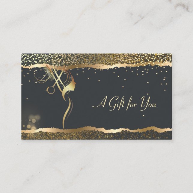 Luxury Elegant Gold Confetti Hair salon Black Discount Card (Front)