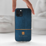 Luxury elegant gold glitter blue monogrammed iPhone x case<br><div class="desc">Classy exclusive looking office or personal monogrammed phone case featuring a faux copper metallic gold glitter square with your monogram name initials and a sparkling stripe over a stylish classic blue faux leather background. Suitable for small business, corporate or independent business professionals, personal branding or stylists specialists, makeup artists or...</div>