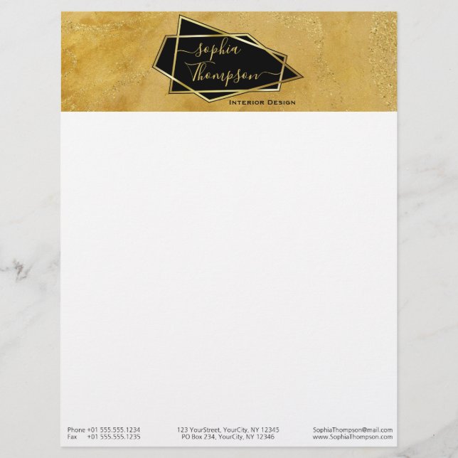 Luxury Elegant Gold Glitter Marble Script Letterhead (Front)