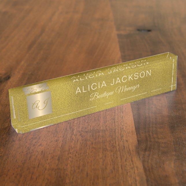 Luxury elegant gold glitter steel monogrammed desk name plate (Side)