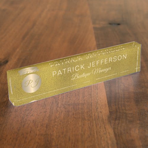 Luxury elegant gold glitter steel monogrammed desk name plate