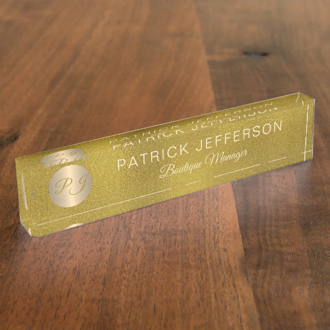 Luxury elegant gold glitter steel monogrammed desk name plate (Side)