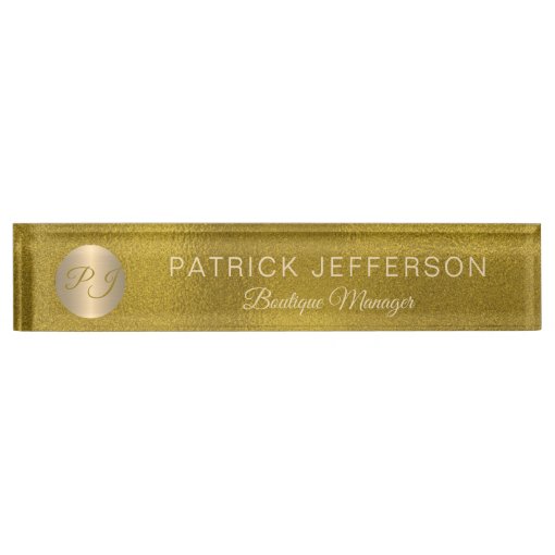 Luxury elegant gold glitter steel monogrammed desk name plate | Zazzle