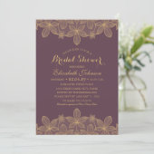 Luxury Elegant Gold Lace Plum Purple Bridal Shower Invitation (Standing Front)