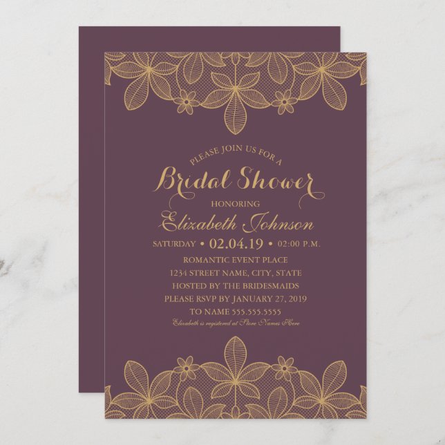 Luxury Elegant Gold Lace Plum Purple Bridal Shower Invitation (Front/Back)