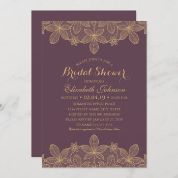Luxury Elegant Gold Lace Plum Purple Bridal Shower Invitation by superdazzle at Zazzle