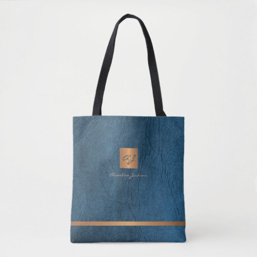 Luxury elegant gold modern blue monogrammed tote bag