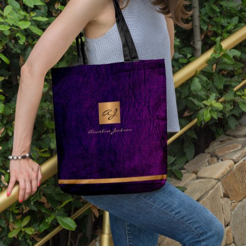 Luxury elegant gold modern purple monogrammed tote bag