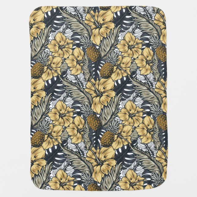Luxury Elegant Gold N' Black Tropical Flowers Baby Blanket (Front)