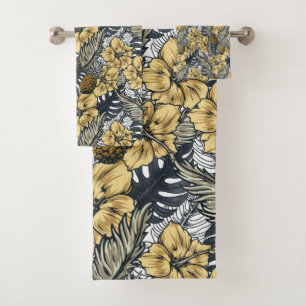 Luxury Elegant Gold N' Black Tropical Flowers Bath Towel Set