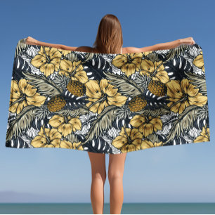 Luxury Elegant Gold N' Black Tropical Flowers Beach Towel